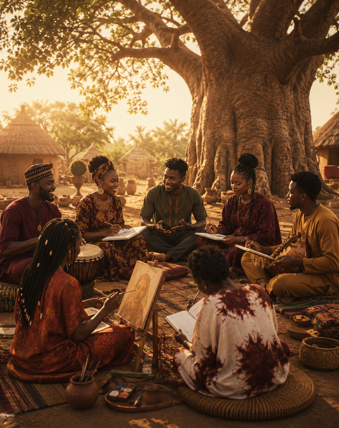 Creatives gathered together, sketching and collaborating under a tree